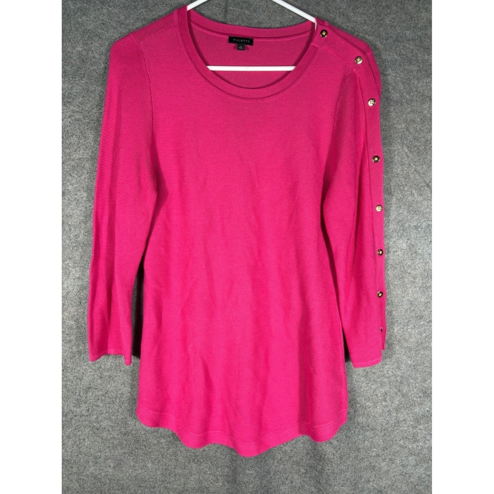 Talbots Womens Pink Cotton Blend Knit Top Gold Button Sleeve Crew Neck Small